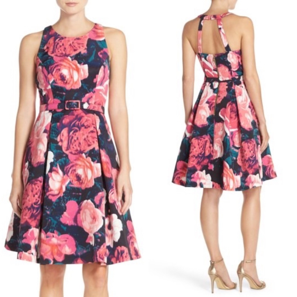 Eliza J Belted Floral Fit and Flare Dress